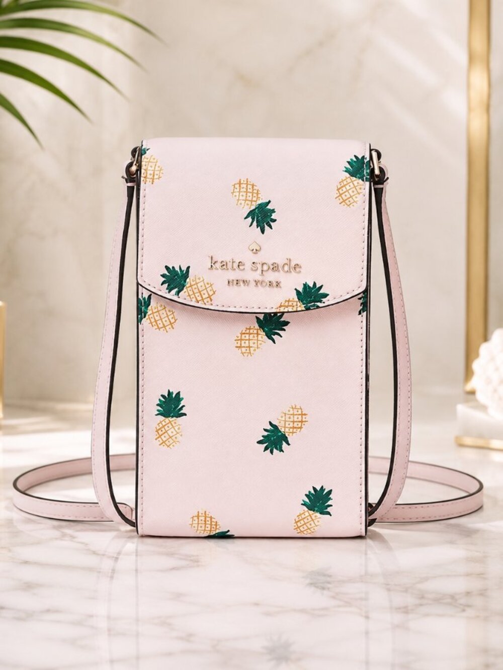 Kate Spade Pineapple Print Phone Crossbody Pink Saffiano Leather NWT